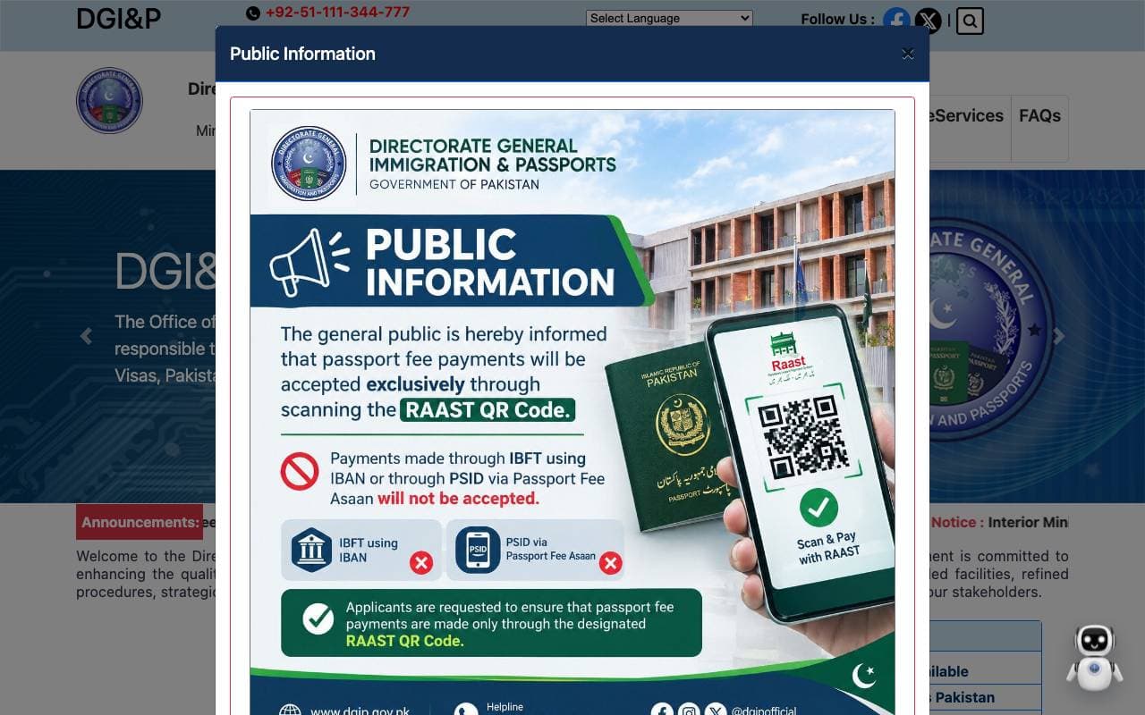 Step 1: Open the official website of the Directorate General of Immigration and Passports (DGI&P). A public information notice may pop up first.