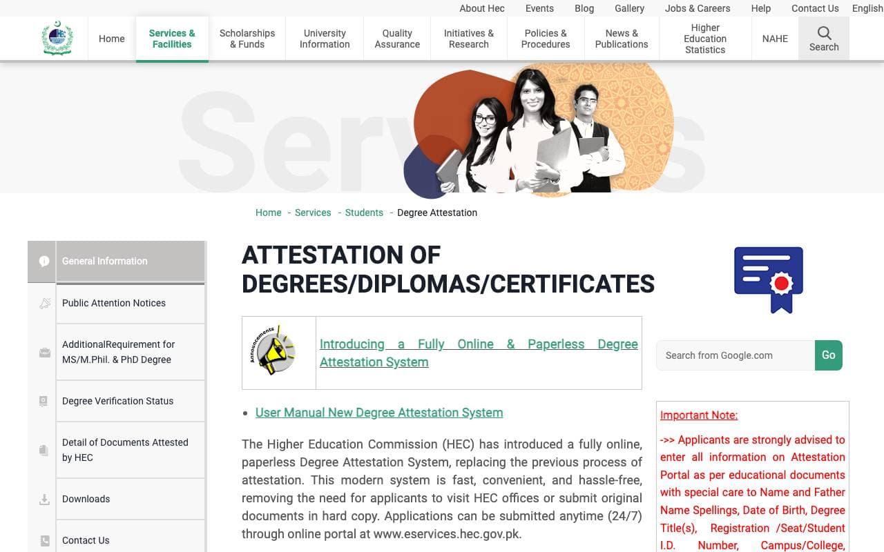 Step 1: This is the Higher Education Commission's Degree Attestation page. It says attestation is now fully online through the HEC e-Services portal.