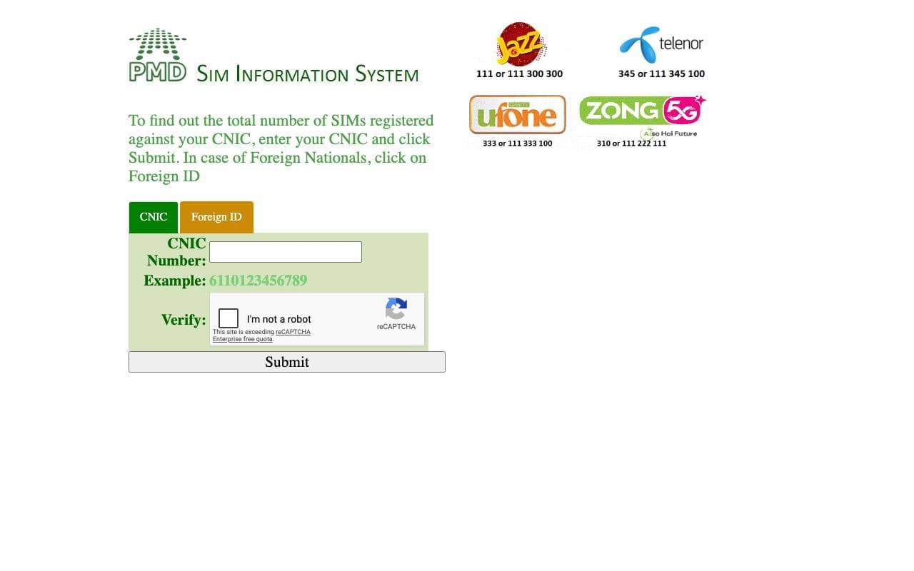 Step 1: Open PTA's official SIM Information System. It shows the total number of SIMs registered against your CNIC.
