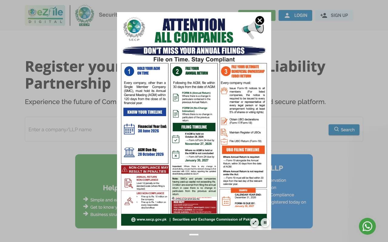 Step 1: Open LEAP, the Securities and Exchange Commission of Pakistan's portal to register a company or LLP.