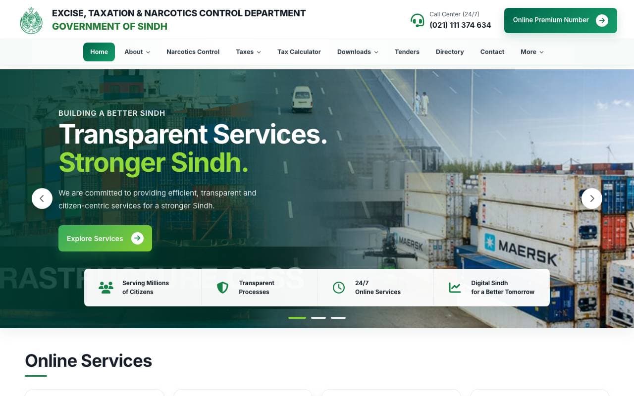 Step 1: Open the website of Sindh's Excise, Taxation and Narcotics Control Department.